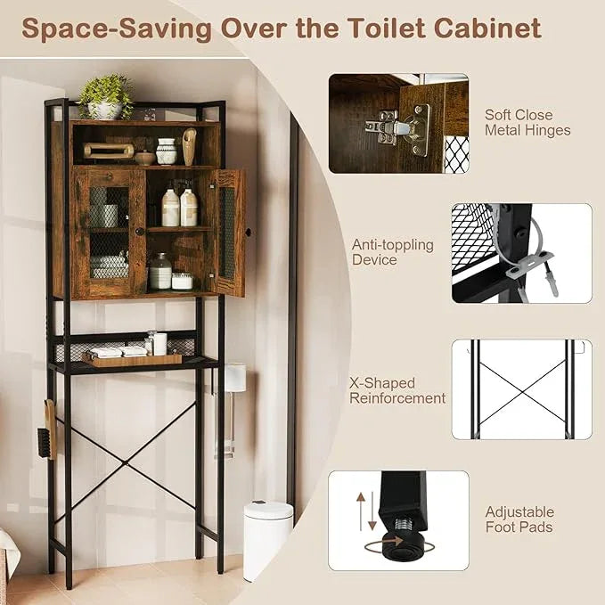 Tangkula Over The Toilet Storage Cabinet, 5-Tier Space Saver Above Toilet with 2 Mesh Doors, Metal Stand, Toilet Paper Holder & Hook, Freestanding Bathroom Cabinet Organizer for Laundry, Rustic Brown - ModernBath