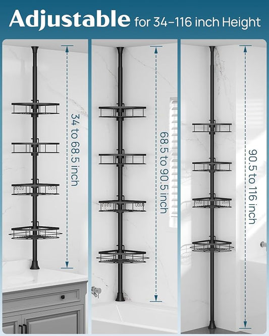 SEIRIONE Corner Shower Caddy Tension Pole, Rustproof Bathroom Shower Organizer Corner, 4-Tier Adjustable Bathroom Shelf, Solid Rack Ideal for Bathtub Storage, 34 to 116 Inch Height, Black