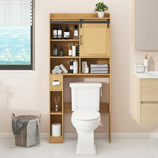 Over The Toilet Storage Cabinet, Farmhouse Rattan Storage Cabinet Over Toilet with Sliding Doors & Toilet Paper Holder Stand, Home Space-Saving Toilet Rack, for Bathroom, Laundry(Rattan Oak). - ModernBath
