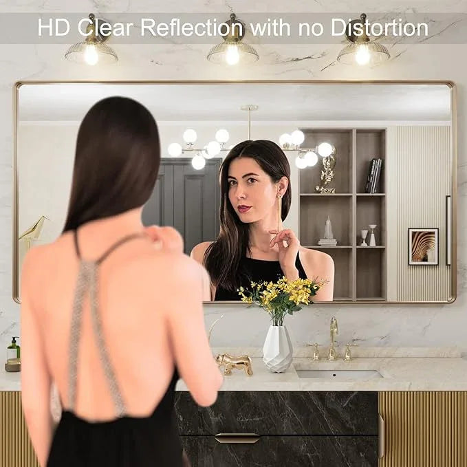 LOAAO 72”X36” Gold Bathroom Mirror, Rounded Rectangle Gold Frame Mirror, Brushed Gold Bathroom Vanity Mirror Wall-Mounted, Anti-Rust, Tempered Glass, Hangs Horizontally or Vertically - ModernBath