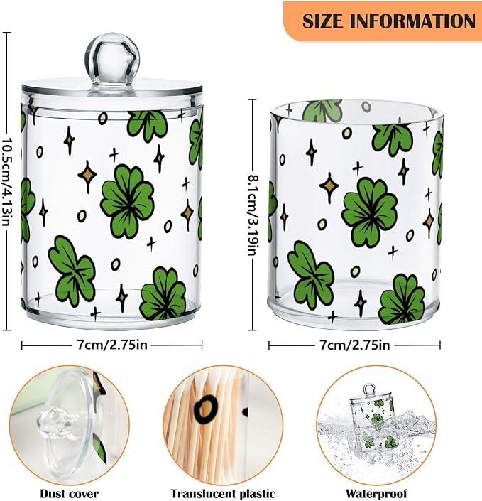 Qtip Holder Bathroom Set Q tip Cotton Ball Swab Pad Dispenser Container Organizer Plastic Jars with Lids Storage 2Pack Clover Leaves and Stars St Patricks - ModernBath