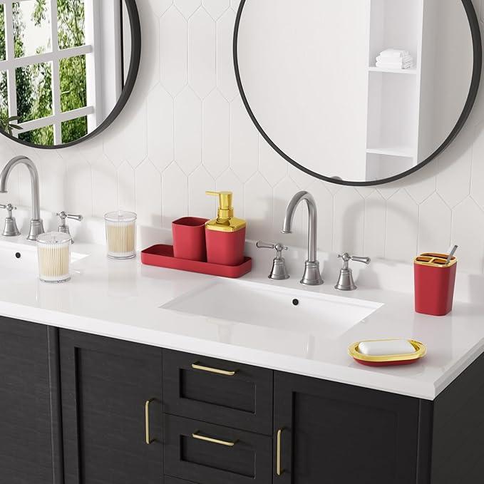 XLHOMO Dark Red Bathroom Accessory Set, 9-Piece Burgundy Bathroom Set with Trash Can, Toothbrush Holder, Toothbrush Cup,Soap Dispenser,Soap Dish,Toilet Brush Holder,2 Qtip Holder Dispensers and Tray - ModernBath