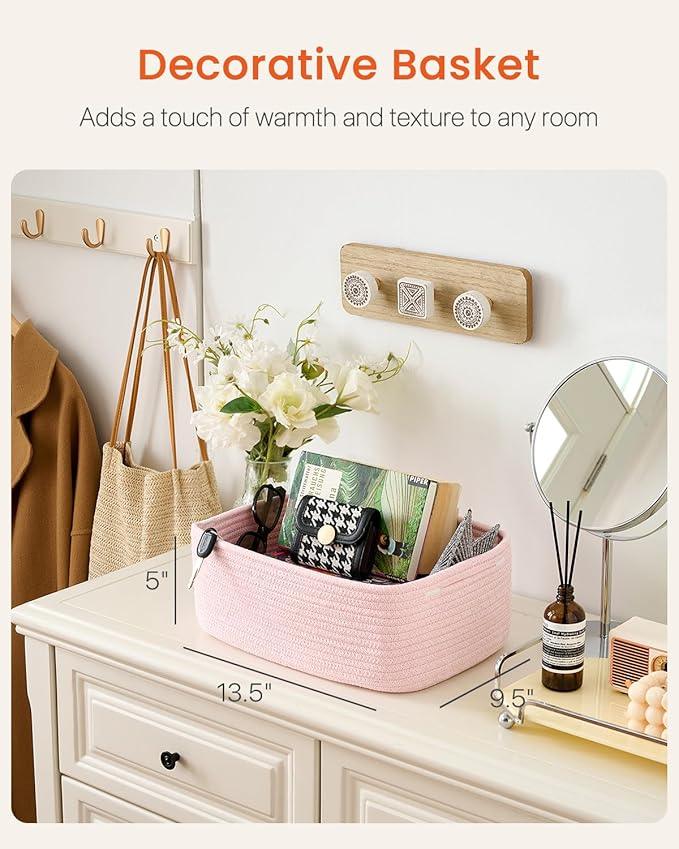 Small Woven Basket, 13.5 x 9.5 x 5 Inches, Storage Basket for Organizing, Cute Small Rope Shelf Closet Cube Storage Bins Baskets for Shelves, Dog Toy Gift Baskets Empty, 3 Pack Light Pink - ModernBath