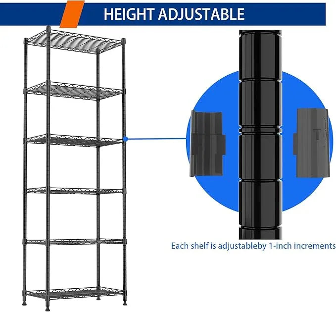 REGILLER 6 Wire Shelving Steel Storage Rack Adjustable Unit Shelves for Laundry Bathroom Kitchen Pantry Closet(Black,11.7" D x 21.4" W x 63" H) - ModernBath
