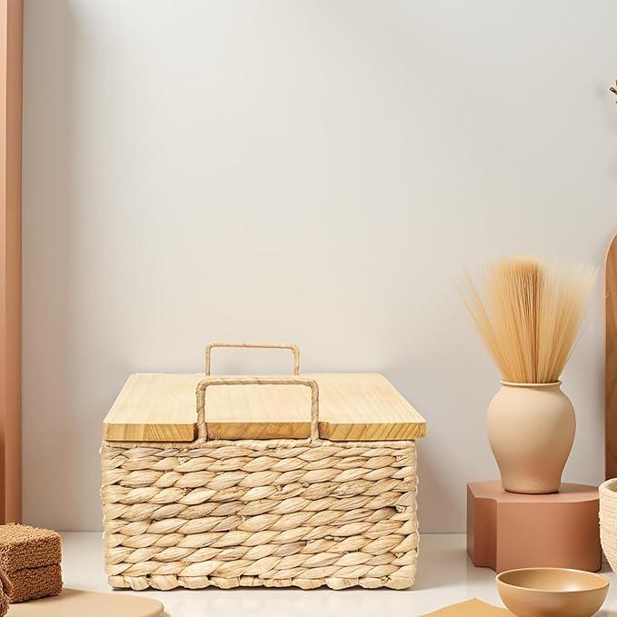 Handmade Water Hyacinth Woven Storage Basket with Lid, Multi - Functional Wicker Organizing Baskets (Large) - ModernBath