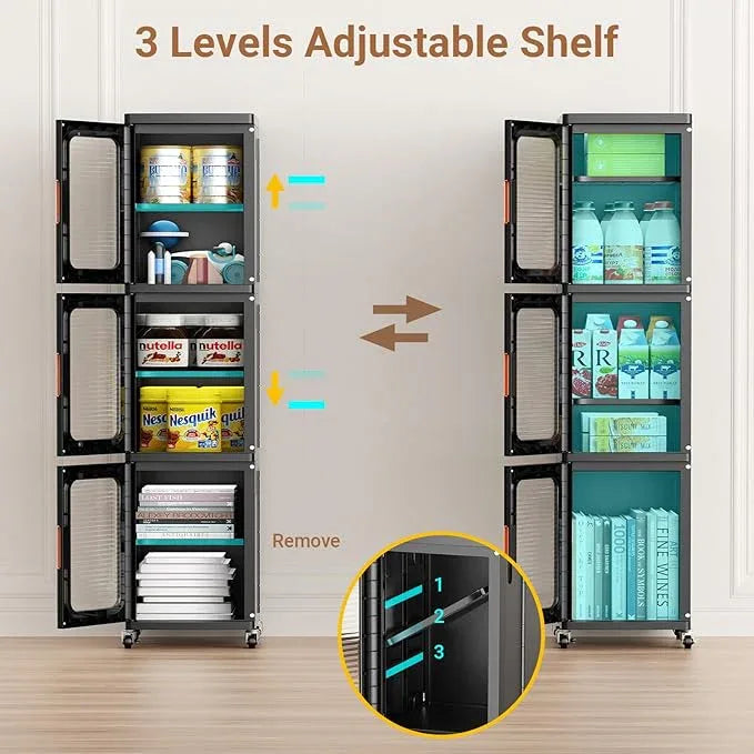 BROVIEW 8-Tier Tall Narrow Storage Cabinet Organizer, Slim Bathroom Cabinets with Adjustable Shelves and Doors, Plastic Kitchen Pantry Organizers and Storages for Small Space, Laundry, Black - ModernBath