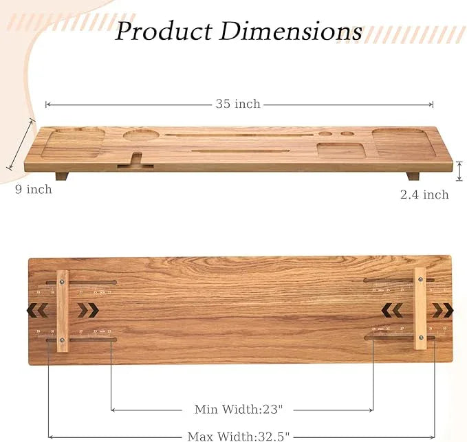 MUNNAR Bathtub Tray for Freestanding Bath, Solid Pine Wood Bath Tray for Tub, Bath Caddy for Home Spa, Adjustable Bathtub Trays for Tub, with Bathtub Accessories Holders, Patent Design, 35x9 - ModernBath
