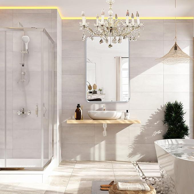 Minuover Brushed Nickel Bathroom Wall Mirror, Silver Metal Framed Large Rounded Corner Rectangle Mirror, Tempered Glass, Shatter Proof, Hangs Horizontally or Vertically (40" x 30", Silver) - ModernBath