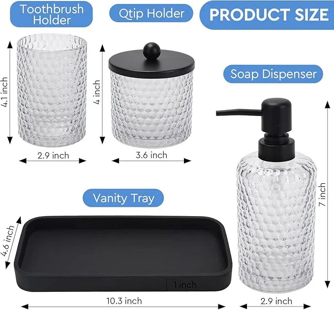 Bathroom Accessory Set,4 Pcs Clear Glass Bathroom Accessories Set-Lotion Soap Dispenser,Toothbrush Holder,Qtip Holder Dispenser & Resin Vanity Tray,Countertop Vanity Organizer,Crystal Clear - ModernBath