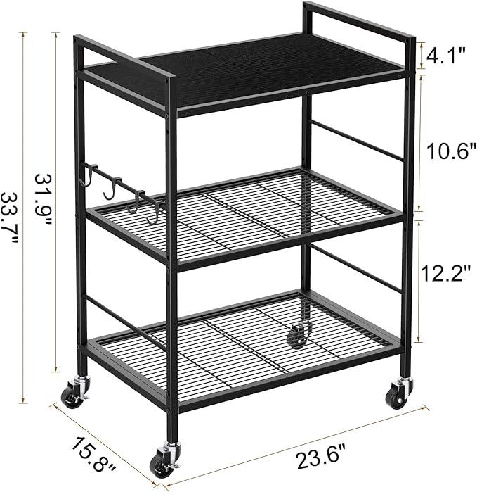 3-Tier Metal Storage Rack with Industrial Wheels,Mesh Shelving Unit with Wooden Table top,Adjustable Shelf,23.6-Inch Width,15.8-Inch Depth, for Kitchen, Laundry,Pantry,Plant,Black panel - ModernBath