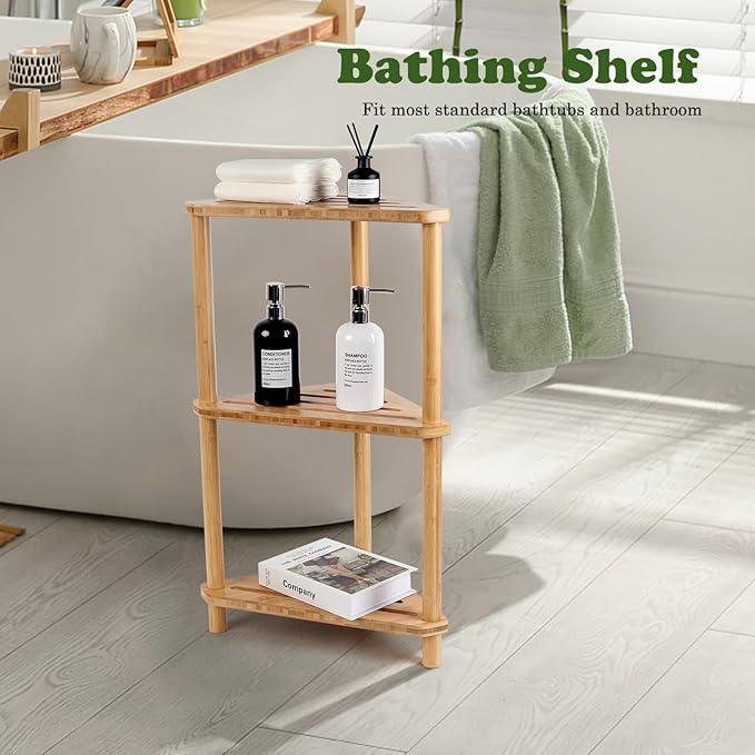 Bamboo Corner Shower Caddy Stand 3-Tier Waterproof,Free Standing Corner Shelf Shower Stool Organizer for Inside Shower,Space-Saving Storage Shelf with Anti-Slip Feet - ModernBath