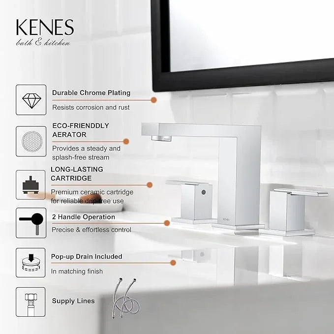 KENES Polished Chrome Widespread Bathroom Faucet 2 Handle Bathroom Sink Faucet 3 Hole, 8-Inch 3 Pieces Vanity Faucet with Pop Up Drain & Supply Lines, KE-9050-5-P - ModernBath