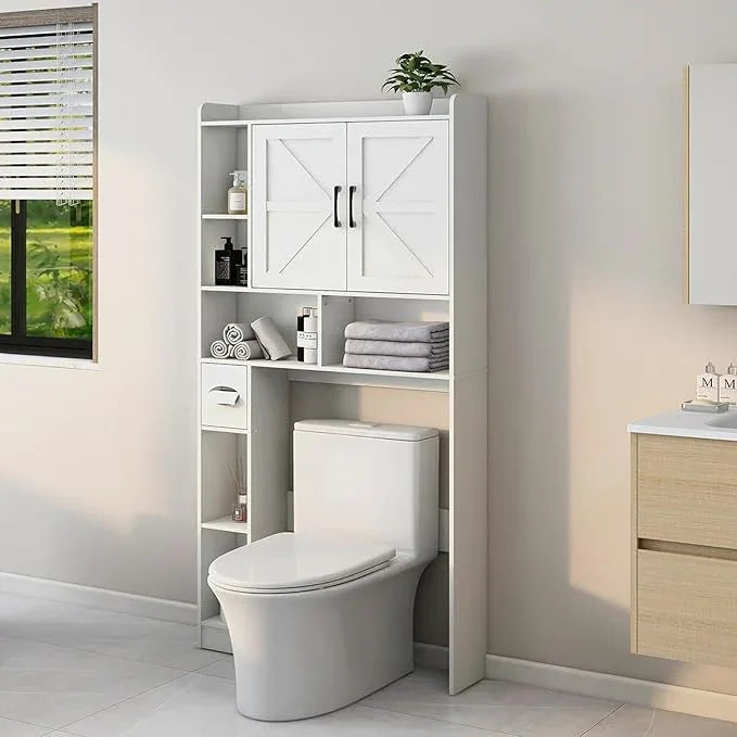 Over The Toilet Storage Cabinet, Farmhouse Storage Cabinet Over Toilet with 2 Barn Door & Toilet Paper Holder Stand, Home Space-Saving Rack, for Bathroom, Restroom (White). - ModernBath