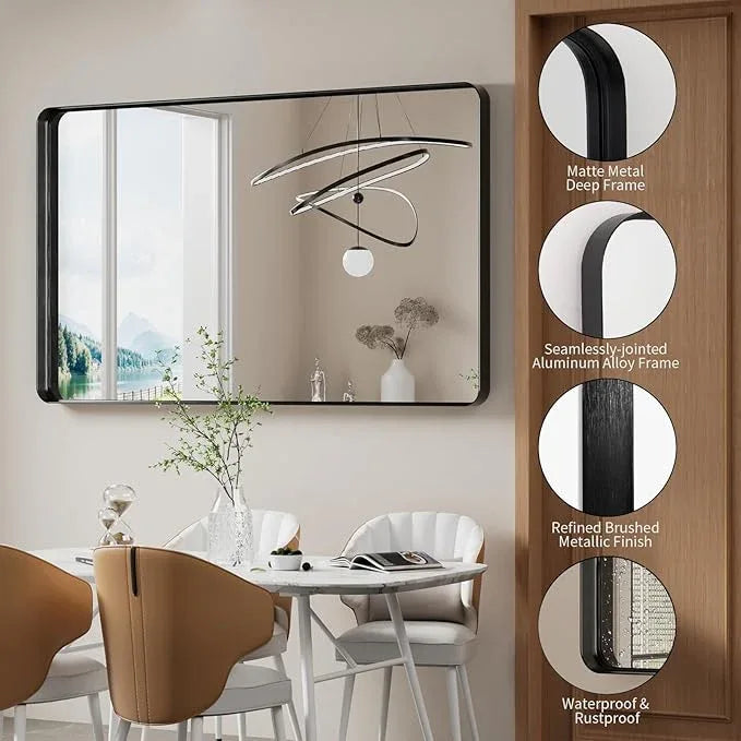 Koonmi Black Wall Mirror for Bathroom, 36x60 Inch Matte Deep Framed Rounded Rectangle Vanity Mirror for Farmhouse Living Room, Tempered Glass, Anti-Rust, Vertically or Horizontally - ModernBath