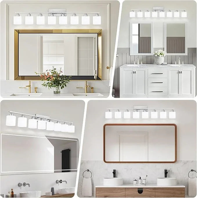 Brushed Nickel Light Fixture Bathroom for Huge Mirror, 8 Light Mirror Lights with Milky White Frosted Glass Shades, 51 inch Bathroom Mirror Lights for Mirrorss, E26 Socket - ModernBath