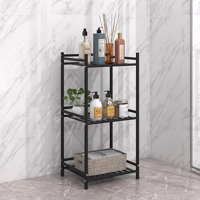 3 Tier Bathroom Storage Open Shelf Unit, Free-Standing Metal Corner Rack Shelving for Kitchen, Living Room, Hallway (Matte Black, 3 Tier) - ModernBath