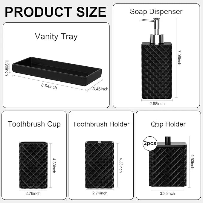 Bathroom Accessories Set Resin 6PCS, Square Toothbrush Holders Set Complete with Soap Dispenser, Vanity Tray, Tumbler, Cups and Cotton Swab Jars (Black Diamond, Resin Bath 6 PCS) - ModernBath