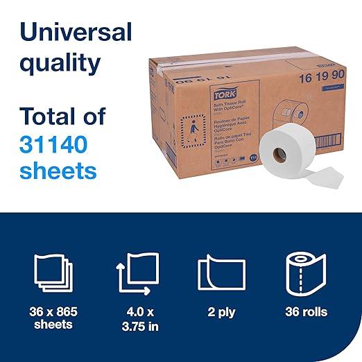 Tork OptiCore Mid-size Toilet Paper Roll White T11, Universal, 2-ply, 36 x 865 sheets, 161990 - ModernBath