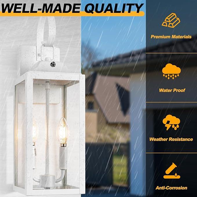 White Dusk to Dawn Outdoor Wall Lantern 2-Light, 19" Large Outside Modern Wall Sconce Light Fixture, Industrial Porch Light Wall Mount with Glass, Waterproof Farmhouse Exterior Lamp Lighting - ModernBath