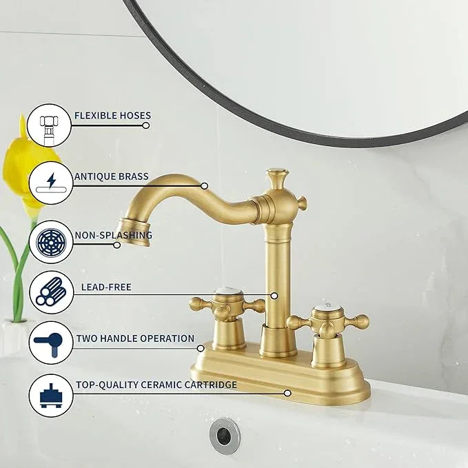 GGStudy Bathroom Faucet Antique Brass 2 Handles 4 Inches Centerset Bathroom Vanity with Drain Assembly and Supply Hose Lavatory Faucet - ModernBath