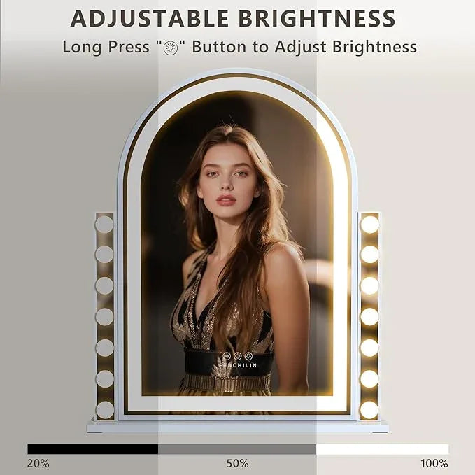 FENCHILIN Arched Vanity Mirror with Lights, 32“ x 26" LED Makeup Hollywood Vanity Mirror with 14 Dimmable Bulbs& LED Strip Smart Touch Control Detachable 10X Magnification White - ModernBath
