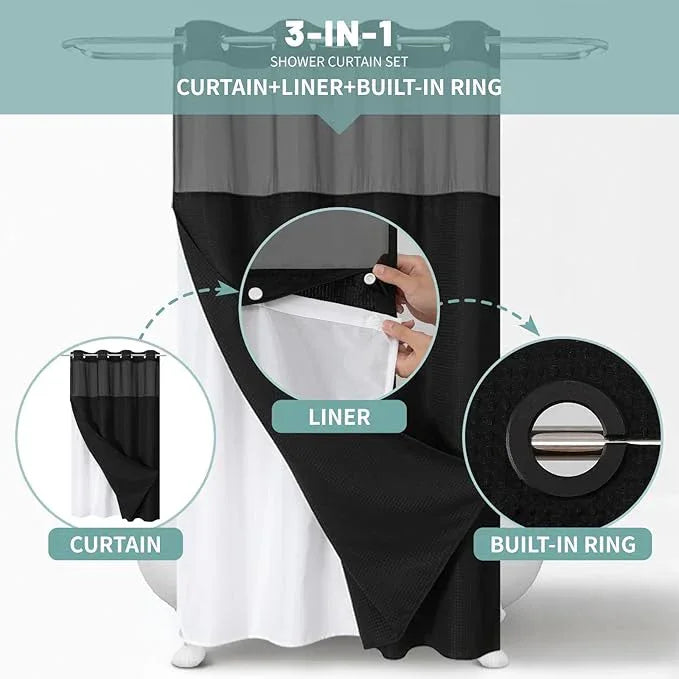 eachope Stall Black No Hook Waffle Weave Shower Curtain with snap-in Liner Replacement, 230GSM Waterproof Fabric Hotel Shower Curtain Set for Bathroom, Through Mesh Top Window,54Wx80H - ModernBath