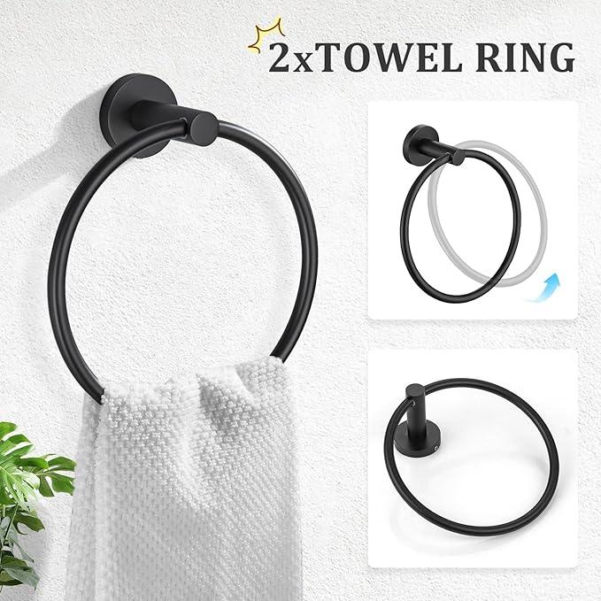 TURS Matte Black 8 Pieces Bathroom Hardware Set, SUS304 Stainless Steel 24 Inch and 20 Inch Bath Towel Bar Set, Round Bathroom Accessories Kit Wall Mounted Towel Holder - ModernBath