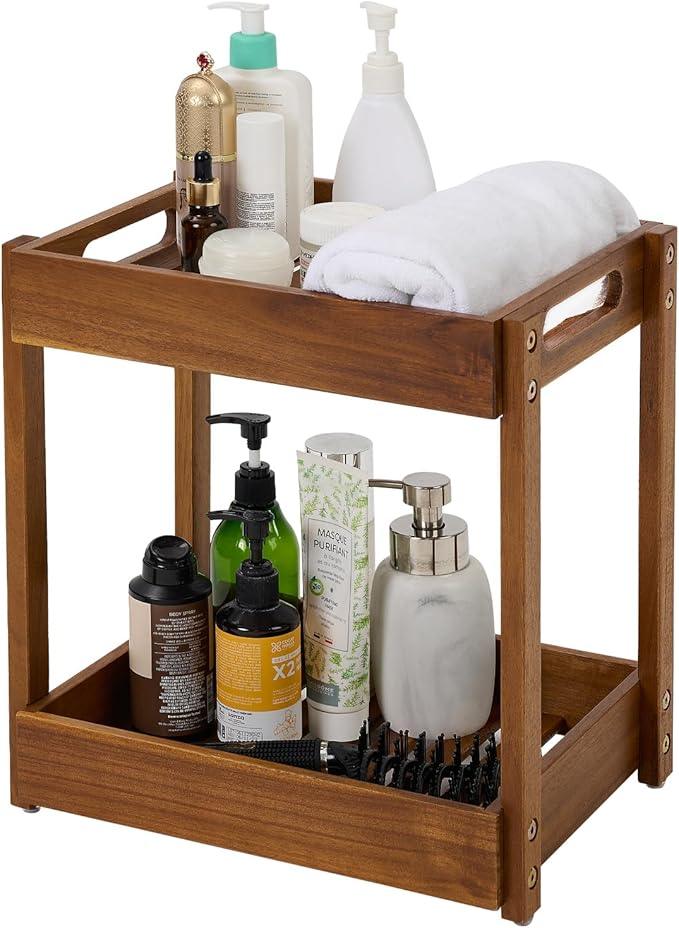 BEEFURNI Acacia Wood Shower Caddy, 2 Tier Shower Organizer, Sturdy Corner Shower Caddy, Wooden Bathroom Shelves Freestanding, Bathroom Standing Shelf (2T) - ModernBath