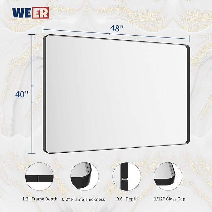WEER Black Bathroom Mirror for Wall, 48X40 Inch Matte Black Mirror, Rectangular Black Metal Framed Vanity Mirror with Tempered Glass, Rounded Corner, Anti-Rust (Horizontal/Vertical) - ModernBath