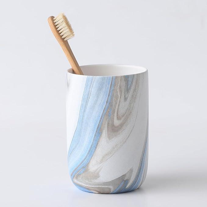 Blue Marble Toothbrush Holders - Ceramic Toothbrush Holders for Bathrooms, Toothbrush Toothpaste Holders, Marble Bathroom Tumbler Cups Reusable Toothbrush Mouthwash Cup, Bathroom Counter Organizer - ModernBath