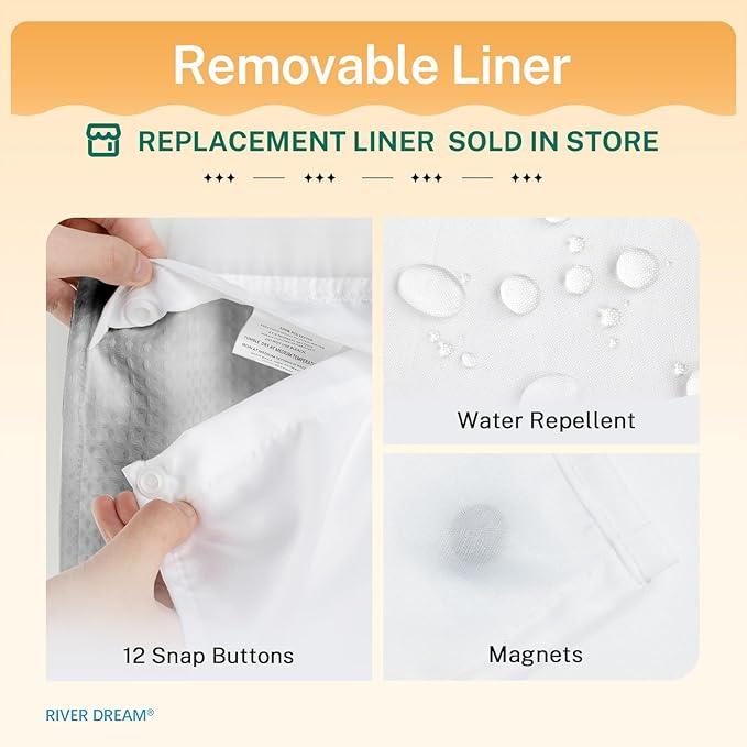 River Dream No Hooks Required Dotted Light Grey Shower Curtain with Snap in Liner - 71" W x 74" H,Hotel Grade,Spa Like Bath Curtain - ModernBath