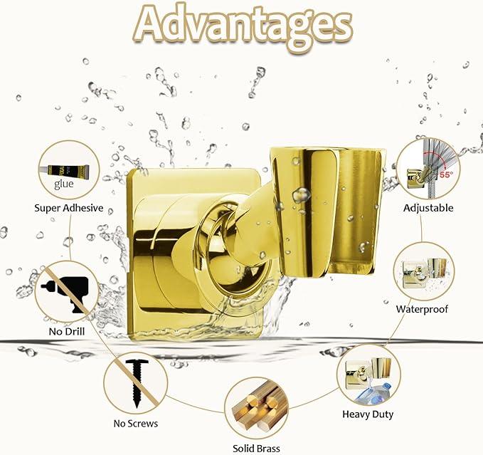 Shower Head Holder Handheld Shower Wand Holder Adjustable Shower Head Bracket Shower Wall Mount Holder, Polished Brass/Gold Finish, Drill Free Glue Installation - ModernBath
