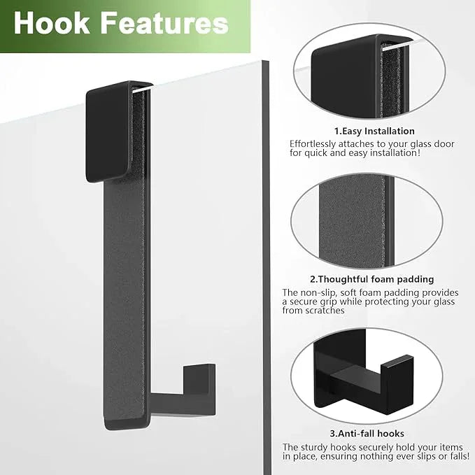 Shower Door Hooks, Heavy Duty Rack Hooks for Robe, Stainless Steel Towel Hooks for Bathroom, Fits Frameless Glass Shower Doors up to 3/8" (10mm) Thick (Black, 2 Pack) - ModernBath
