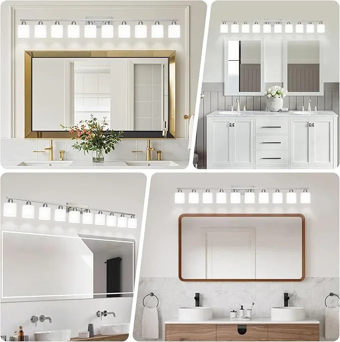Brushed Nickel Bathroom Vanity Light for Giant Mirror, 10 Light Brushed Nickel Vanity Lights, 65 inch Wall Lamps for Bedroom for Mirrors with Milky White Frosted Glass Shades, E26 - ModernBath