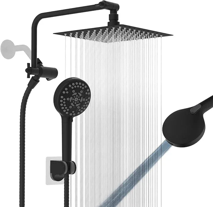 All Metal Shower Head, 8" High Pressure Rainfall/Handheld Shower Combo with 11" Extension Arm, 10-Spray Handheld Showerhead, 71" Long Hose, 3-Way Diverter Valve, Matte Black - ModernBath