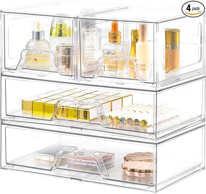 Stebopum 4 Pack Stackable Storage Drawers Clear Acrylic Organizer Bathroom Makeup Organizer and Storage for Beauty Supplies,Ideal for Vanity, Bathroom,Cabinet,Pantry Organization - ModernBath