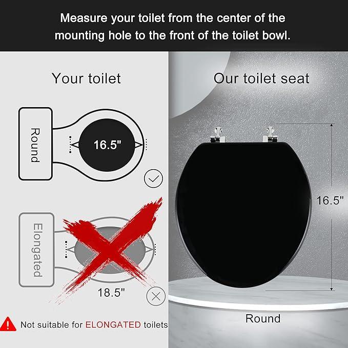 Black Round Toilet Seat Natural Wood Toilet Seat with Zinc Alloy Hinges, Easy to Install also Easy to Clean, Scratch Resistant Toilet Seat by Angol Shiold (Round, Black) - ModernBath
