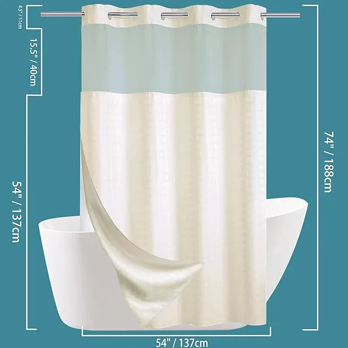 Conbo Mio Stall No Hook Shower Curtain with Snap in Liner Set, Hotel Luxury Beige Shower Curtains for Bathroom with See Through Top Window, Waterproof, Washable 54W x 74H - ModernBath