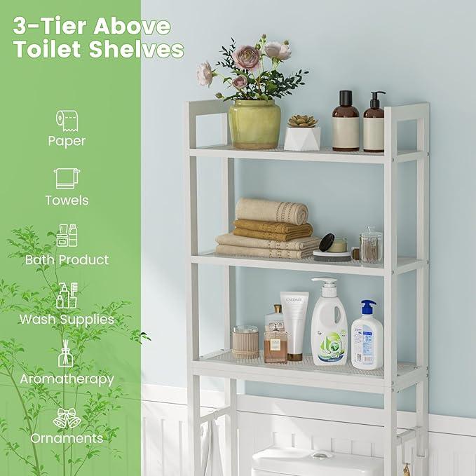 Giantex Over The Toilet Storage Shelf, 3-Tier Freestanding Space Saver Above Toilet Shelves with 3 Hooks & Adjustable Bottom Bar, Over Toilet Bathroom Organizer for Restroom, Laundry (White) - ModernBath