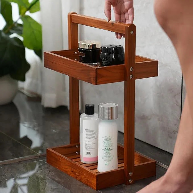 Utoplike Teak Wood Shower Caddy Corner, 2 Tier Bathroom Organizer Countertop, Standing Shower Rack with Handle, Stand Up Shower Basket for Shampoo, Shelf Rack for Inside Shower, Kitchen Desktop - ModernBath