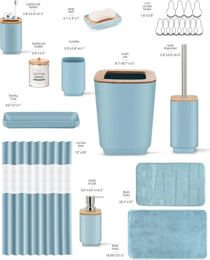 Bathroom Accessories Set,Blue Bathroom Set,24 Pieces Bathroom Accessory Set with Shower Curtain,Trash Can for Bathroom Accessories Décor and Home Gifts - ModernBath
