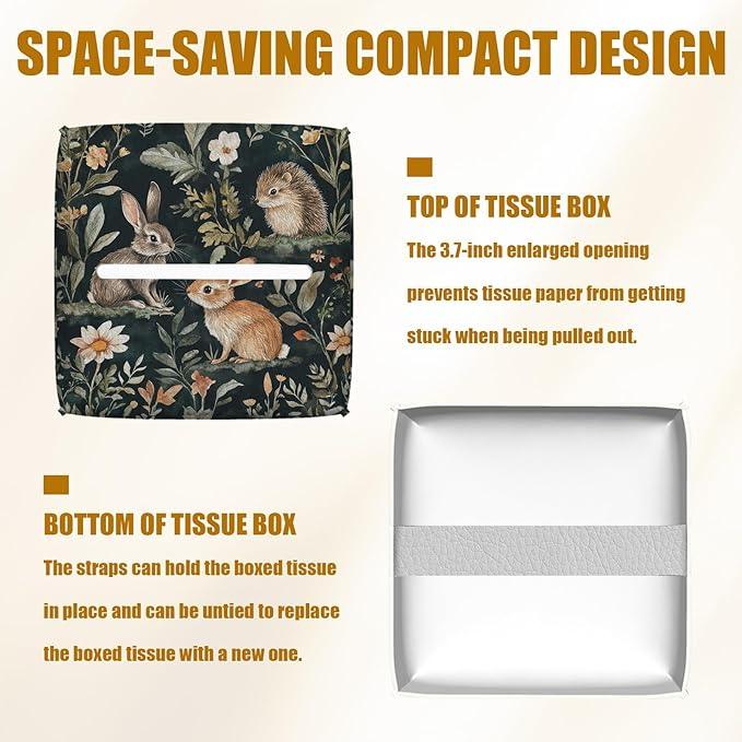 Woodland Animal Tissue Box Cover 2PCS, Rabbit Hedgehog Leather Tissue Box Holder Square Facial Paper Case Tissue Box Cube Organizer for Bathroom Bedroom Desk Office - ModernBath