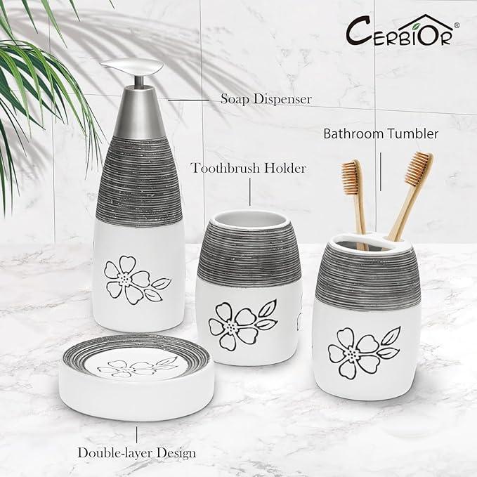 CERBIOR Bathroom Accessories Set,4 Pcs Ceramic Bathroom Decor Accessory,Includes Toothbrush Holder, Toothbrush Cup, Soap Dish for Decorative Countertop and Housewarming Gift, (White Flower) - ModernBath