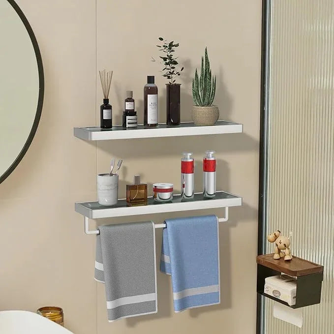 Glass Floating Shelves for Wall, Brushed Nickel 20 Inch Tempered Glass Rectangular 1 Tier Organizer Shelf for Bathroom - ModernBath