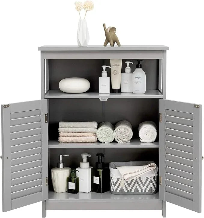 Tangkula Bathroom Floor Cabinet, Wooden Freestanding Storage Cabinet with Double Shutter Door & Adjustable Shelf, Storage Cabinet for Bathroom Living Room (Grey) - ModernBath