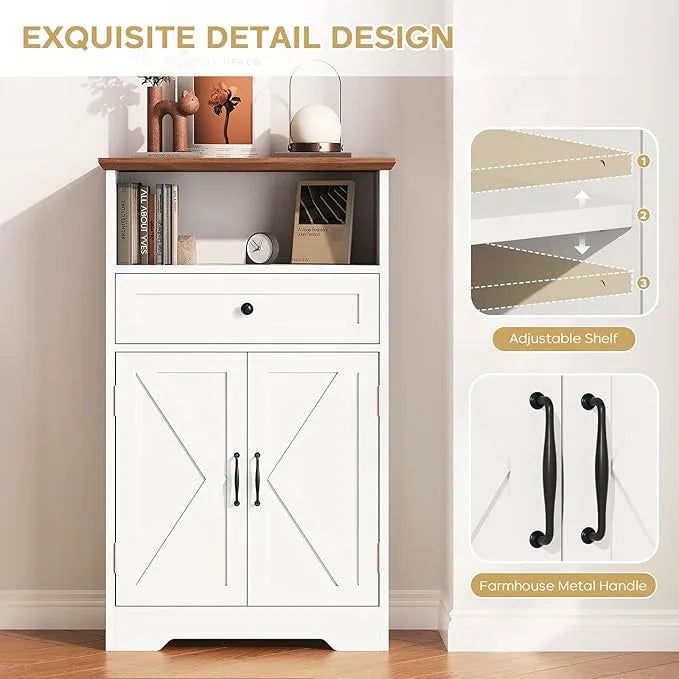 Floor Cabinet, Farmhouse Storage Cabinet with Barn Doors and Drawer, 11.81" D x 23.62" W x 39.37" H White Freestanding Adjustable Shelf Organizer for Bathroom, Kitchen, Living Room - ModernBath