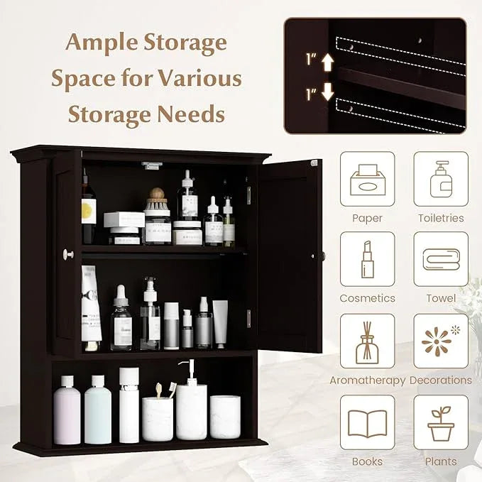 Giantex Wall Mounted Medicine Cabinets - Above Toilet Bathroom Cabinet with Adjustable Shelf, Open Shelf, Over The Toilet Space Saver Storage Cabinet for Laundry Room, Kitchen, Cupboard (Brown) - ModernBath