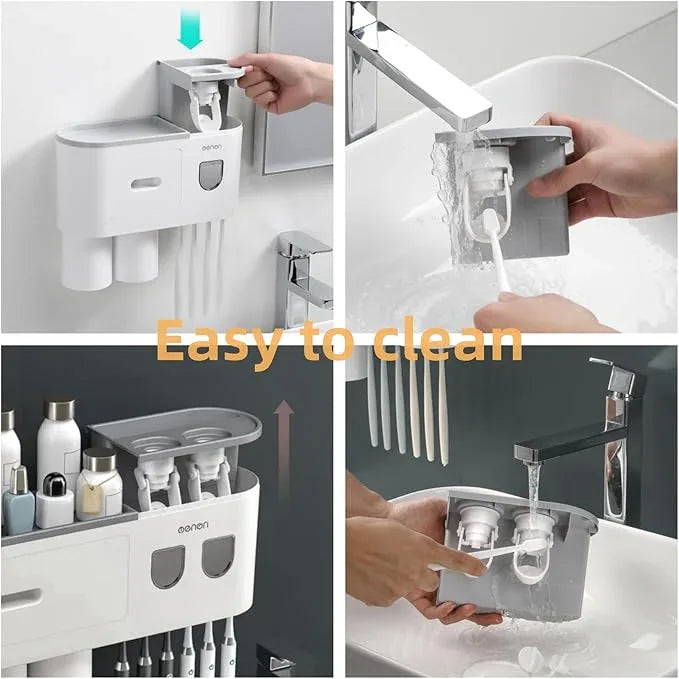 Celsitudo No-Drill Wall Mounted Toothbrush Holder, Bathroom Shelf, with Automatic Toothpaste Dispensers 6 Brush Hooks Magnetic Cups 1 Cosmetic Drawer Organizer and Large Storage (2 Dispensers 4 Cups) - ModernBath