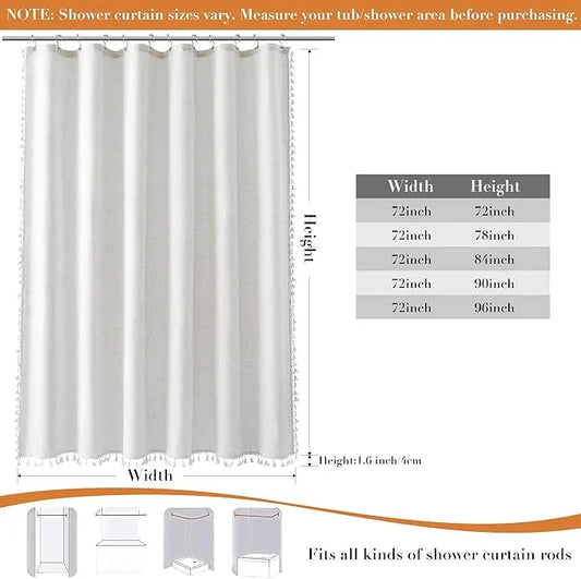 Nanspring Extra Long Beige White Boho Linen Shower Curtain 84 Inch Weighted Tassel Farmhouse Solid Fabric Shower Curtain Set with Hooks Vintage Country Aesthetic Style Decor for Bathroom 72x84 - ModernBath