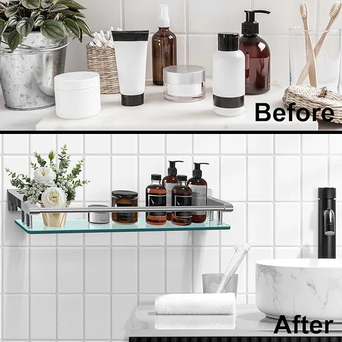 Glass Shelves for Bathroom, 20IN Rectangular Chrome Stainless Steel Tempered Glass Shelf Wall Mount Shelf Sink Over Toilet Modern Bathroom (Chrome Polished, 20‘’) - ModernBath